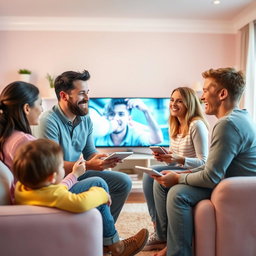 A joyful scene of a father and mother engaged in lively conversation with their teenage children in a pastel-colored living room