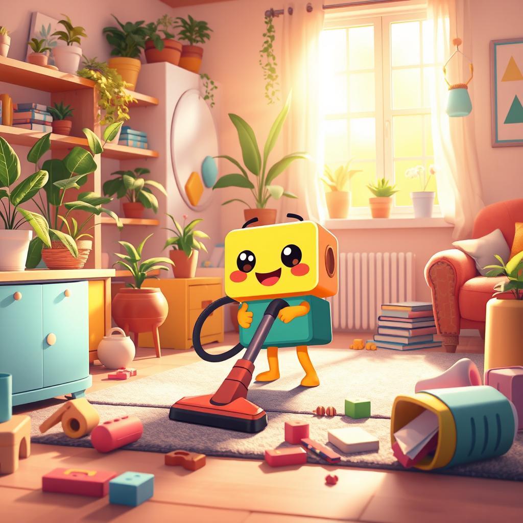 A whimsical scene featuring a cute, cartoon-style Quby character helping to clean a cozy home
