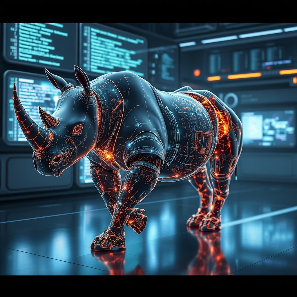 A digital human transforming into a rhinoceros, showcasing an intricate blend of technology and biological elements
