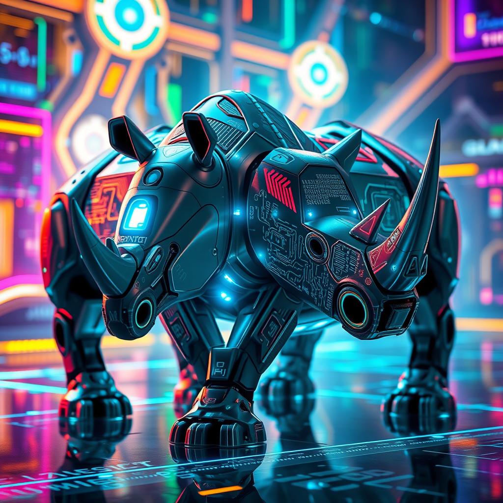 A futuristic robot rhinoceros with a sleek, metallic body composed of intricate algorithms and digital patterns