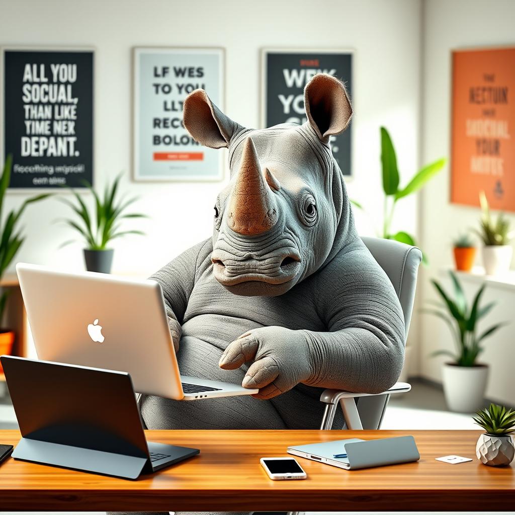 A humorous and whimsical scene featuring a large rhinoceros comfortably seated on a modern office chair, engaging with technology