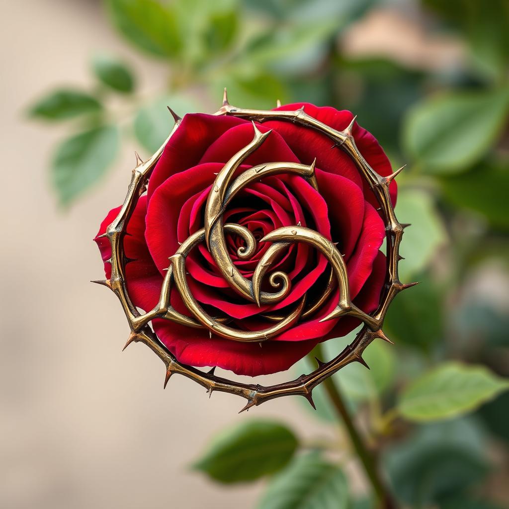 A beautifully intricate design featuring a triskelion entwined with a thorny rose