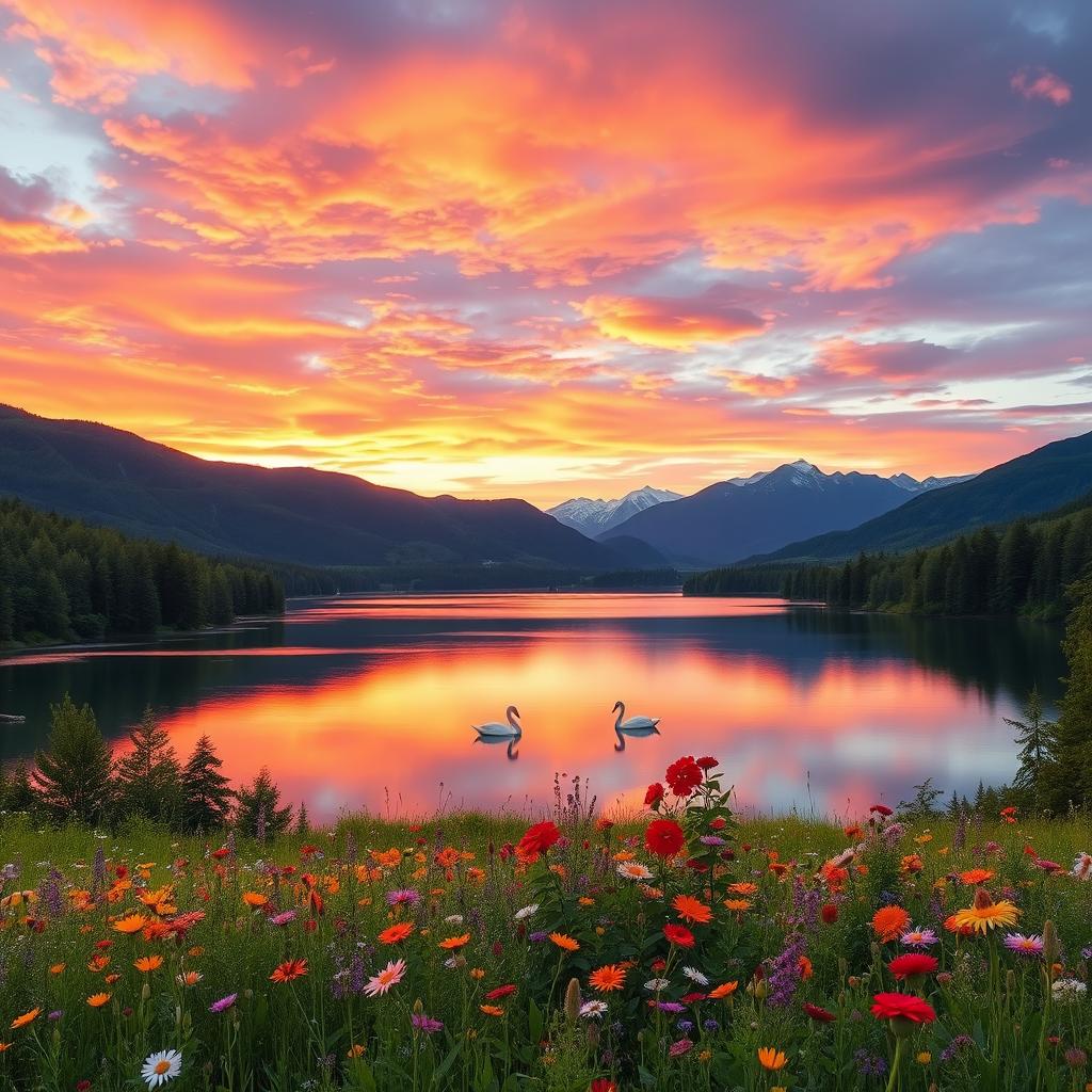 A serene and captivating landscape featuring a stunning sunset over a tranquil lake, surrounded by lush green forests and majestic mountains in the distance