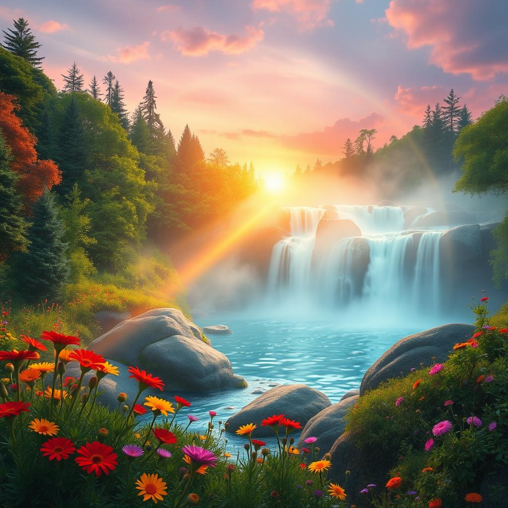 An ethereal landscape featuring a lush, vibrant forest with a bright, magical waterfall cascading down smooth rocks into a crystal-clear pool