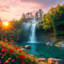 An ethereal landscape featuring a lush, vibrant forest with a bright, magical waterfall cascading down smooth rocks into a crystal-clear pool