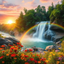 An ethereal landscape featuring a lush, vibrant forest with a bright, magical waterfall cascading down smooth rocks into a crystal-clear pool