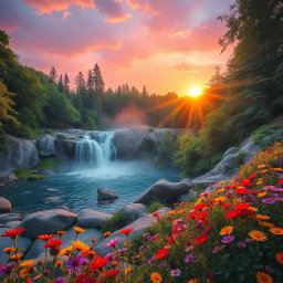 An ethereal landscape featuring a lush, vibrant forest with a bright, magical waterfall cascading down smooth rocks into a crystal-clear pool