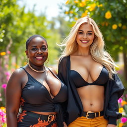 A vibrant and captivating scene featuring a mature black woman and a stunning blonde woman both with ample breasts, exuding confidence and allure