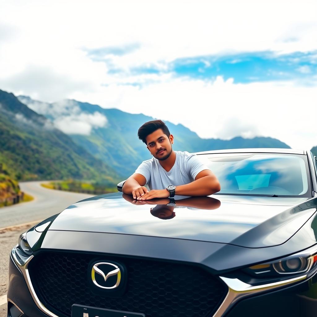 A person with stylized features, confidently leaning against the hood of a Mazda 3 sedan, positioned on a scenic road leading to Yungas in La Paz, Bolivia