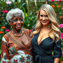 An intriguing and beautiful scene featuring an elderly African woman and a lovely blonde woman, both with prominent breasts, showcasing a connection between different cultures and generations