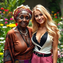 An intriguing and beautiful scene featuring an elderly African woman and a lovely blonde woman, both with prominent breasts, showcasing a connection between different cultures and generations