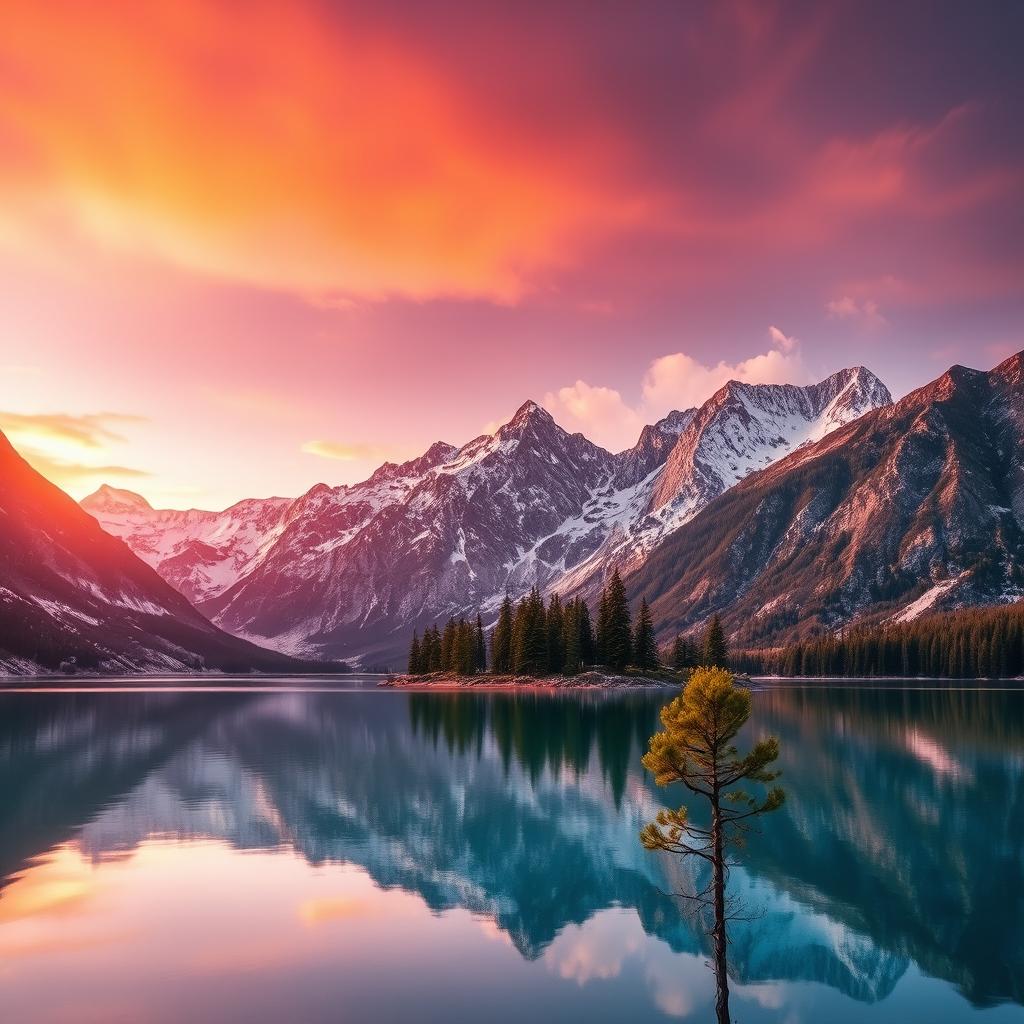 Una imagen de un majestuoso paisaje de montaña al atardecer, donde se pueden ver cimas nevadas reflejadas en un lago cristalino en primer plano