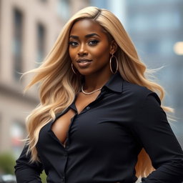 A beautiful African woman with long, flowing blonde hair, wearing a stylish black shirt that complements her figure