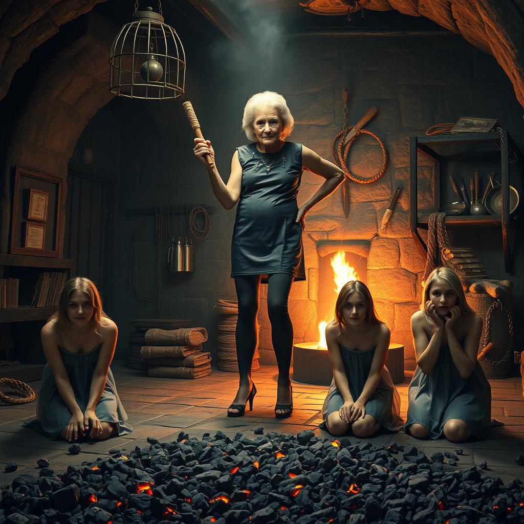 A tall, skinny 79-year-old aristocratic granny stands confidently in high heels and leggings, holding a menacing whip in a dimly lit dungeon