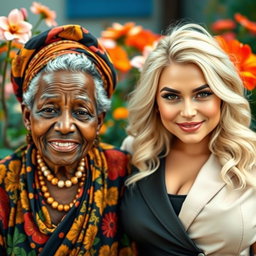 A unique portrait featuring an elderly African woman with distinctive features and a charming presence, paired with a striking blonde woman noted for her voluptuous figure