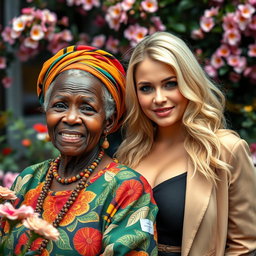 A unique portrait featuring an elderly African woman with distinctive features and a charming presence, paired with a striking blonde woman noted for her voluptuous figure