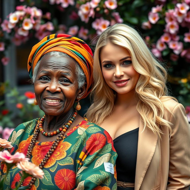 A unique portrait featuring an elderly African woman with distinctive features and a charming presence, paired with a striking blonde woman noted for her voluptuous figure