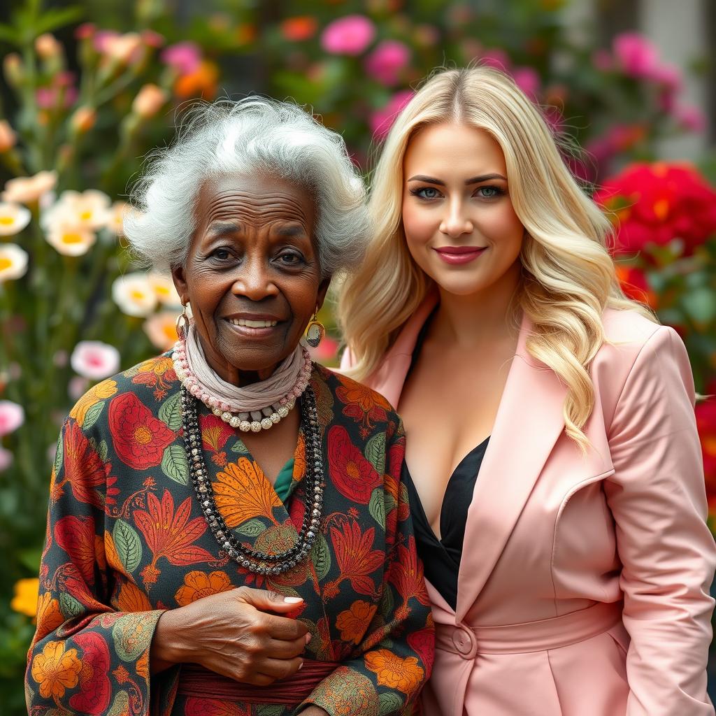 A unique portrait featuring an elderly African woman with distinctive features and a charming presence, paired with a striking blonde woman noted for her voluptuous figure