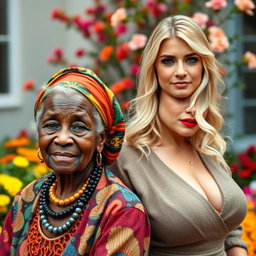 A unique portrait featuring an elderly African woman with distinctive features and a charming presence, paired with a striking blonde woman noted for her voluptuous figure