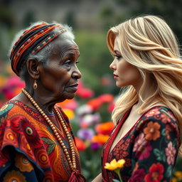 A captivating scene featuring an elderly African woman with unique features and a modest appearance, gazing thoughtfully at a beautiful blonde woman exuding grace and charm