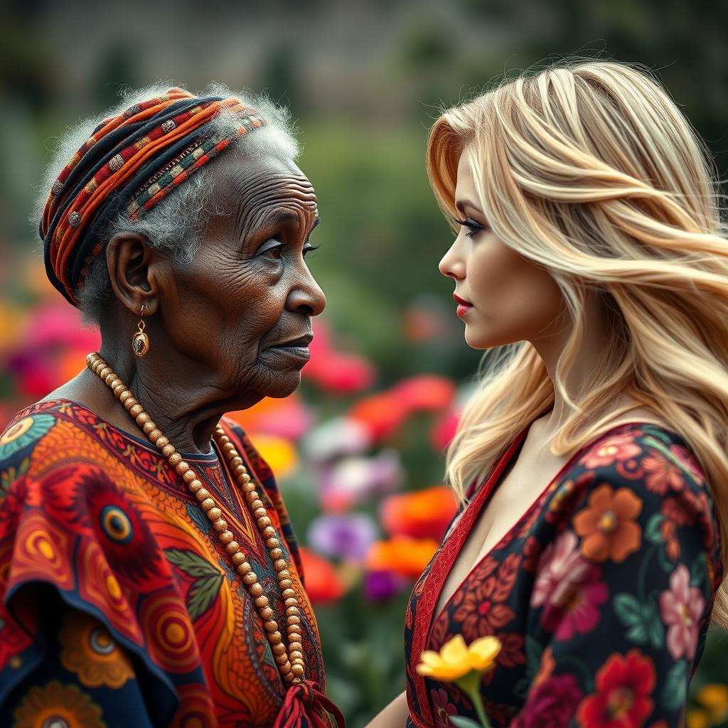 A captivating scene featuring an elderly African woman with unique features and a modest appearance, gazing thoughtfully at a beautiful blonde woman exuding grace and charm