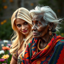 A captivating scene featuring an elderly African woman with unique features and a modest appearance, gazing thoughtfully at a beautiful blonde woman exuding grace and charm