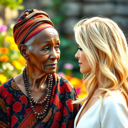 A captivating scene featuring an elderly African woman with unique features and a modest appearance, gazing thoughtfully at a beautiful blonde woman exuding grace and charm