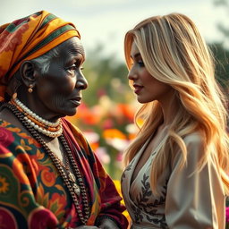 A captivating scene featuring an elderly African woman with unique features and a modest appearance, gazing thoughtfully at a beautiful blonde woman exuding grace and charm