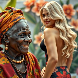 An artistic scene depicting an elderly African woman with unique features and a warm smile, dressed in traditional, vibrant clothing, subtly observing a glamorous blonde woman with an attractive figure