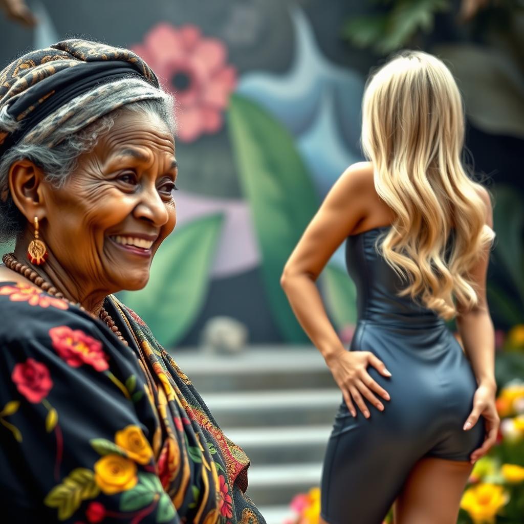 An artistic scene depicting an elderly African woman with unique features and a warm smile, dressed in traditional, vibrant clothing, subtly observing a glamorous blonde woman with an attractive figure