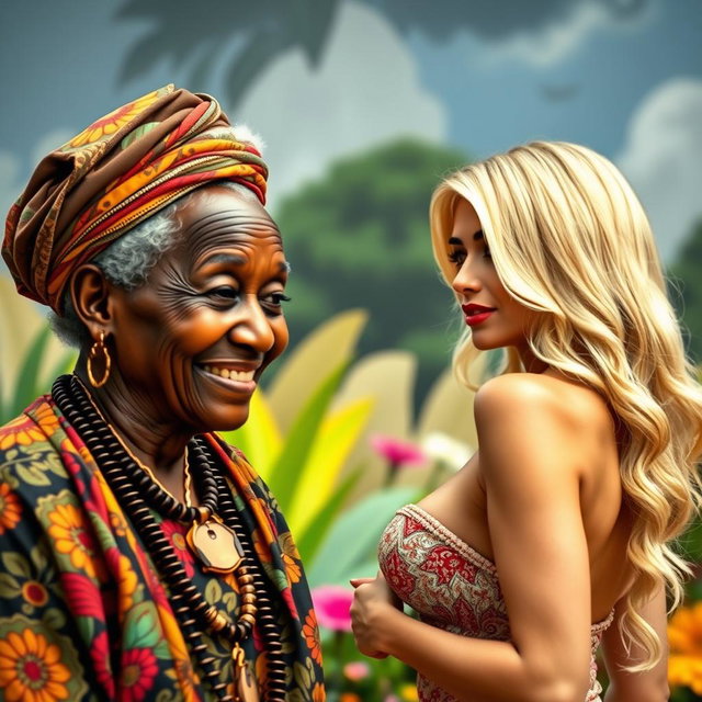 An artistic scene depicting an elderly African woman with unique features and a warm smile, dressed in traditional, vibrant clothing, subtly observing a glamorous blonde woman with an attractive figure