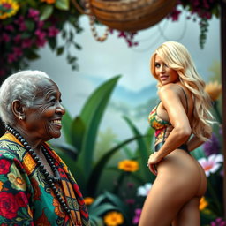 An artistic scene depicting an elderly African woman with unique features and a warm smile, dressed in traditional, vibrant clothing, subtly observing a glamorous blonde woman with an attractive figure
