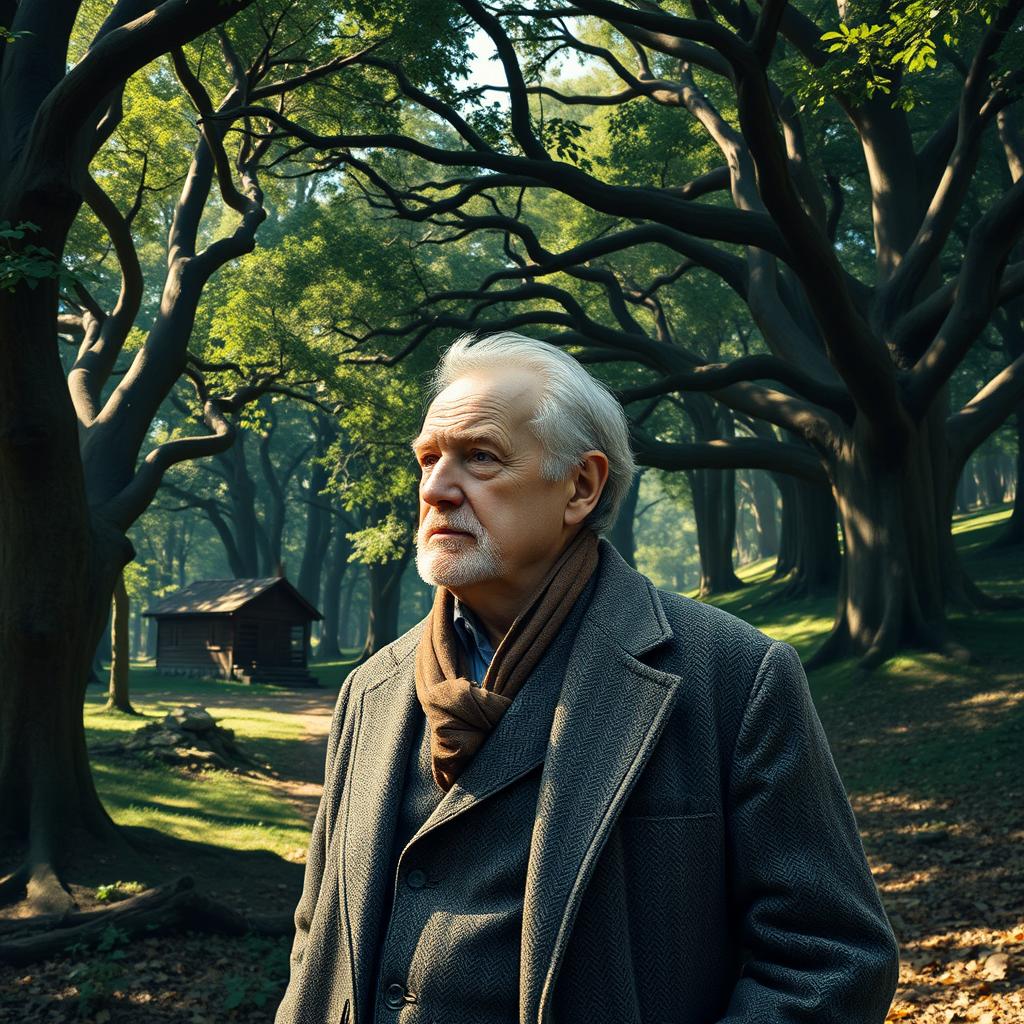 A conceptual portrait of the German philosopher Martin Heidegger, depicting him in a natural landscape that symbolizes his philosophical ideas