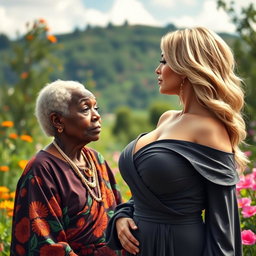 An artistic and thought-provoking scene depicting an elderly African woman with unique features and an expressive face, dressed in vibrant traditional attire