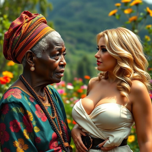 An artistic and thought-provoking scene depicting an elderly African woman with unique features and an expressive face, dressed in vibrant traditional attire