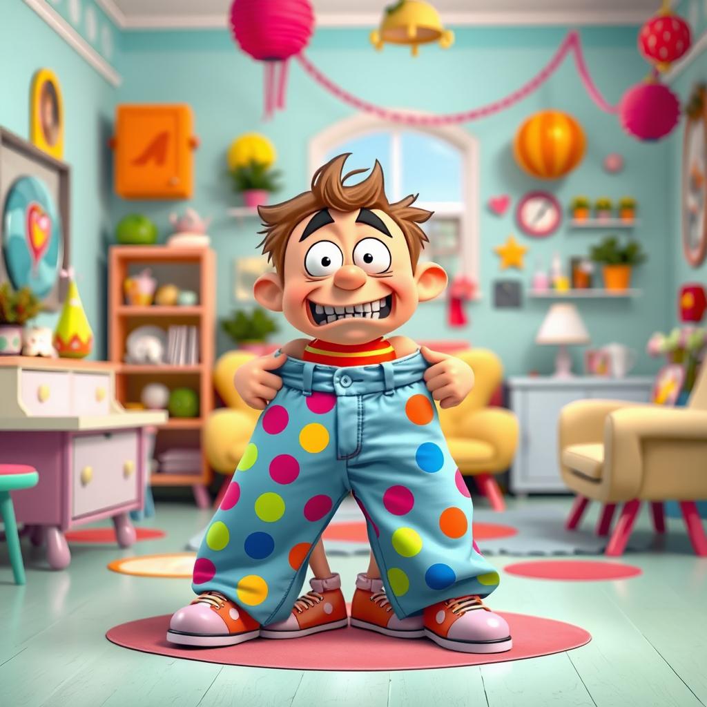 A playful and humorous scene featuring a cartoonish character that is amusingly struggling to put on a pair of colorful, oversized pants