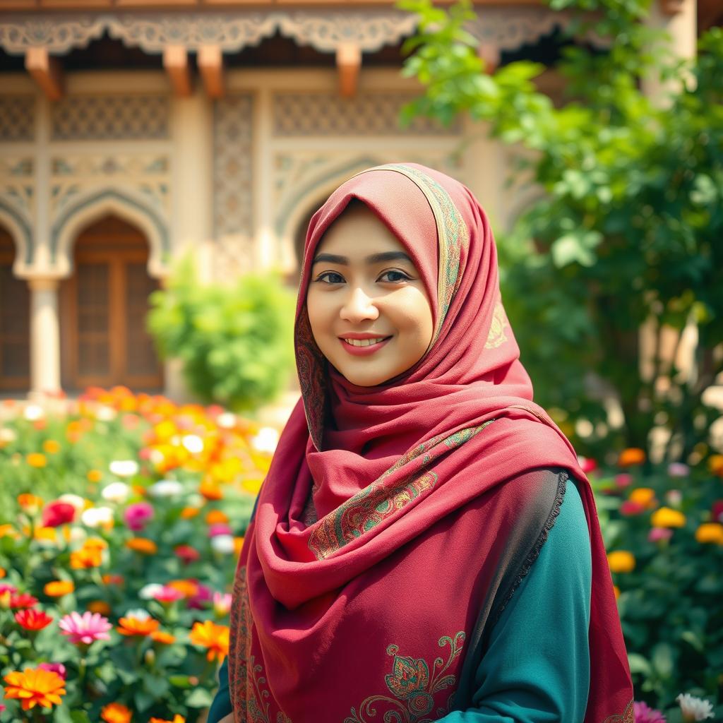 A beautiful Muslim woman wearing a vibrant hijab, gracefully adorned with intricate patterns