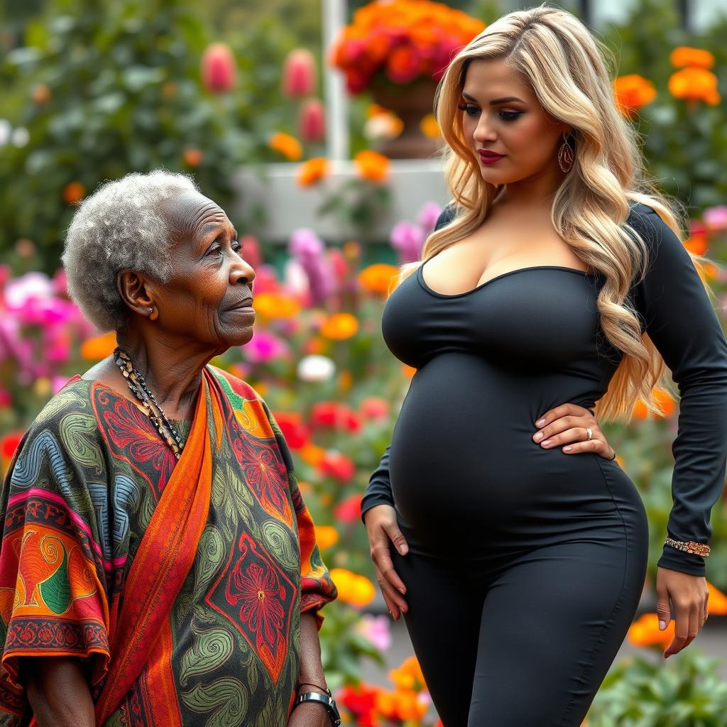 A striking scene featuring an elderly African woman with distinctive features and a thoughtful expression, dressed in colorful traditional clothing