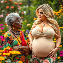 A striking scene featuring an elderly African woman with distinctive features and a thoughtful expression, dressed in colorful traditional clothing