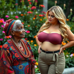 A striking scene featuring an elderly African woman with distinctive features and a thoughtful expression, dressed in colorful traditional clothing