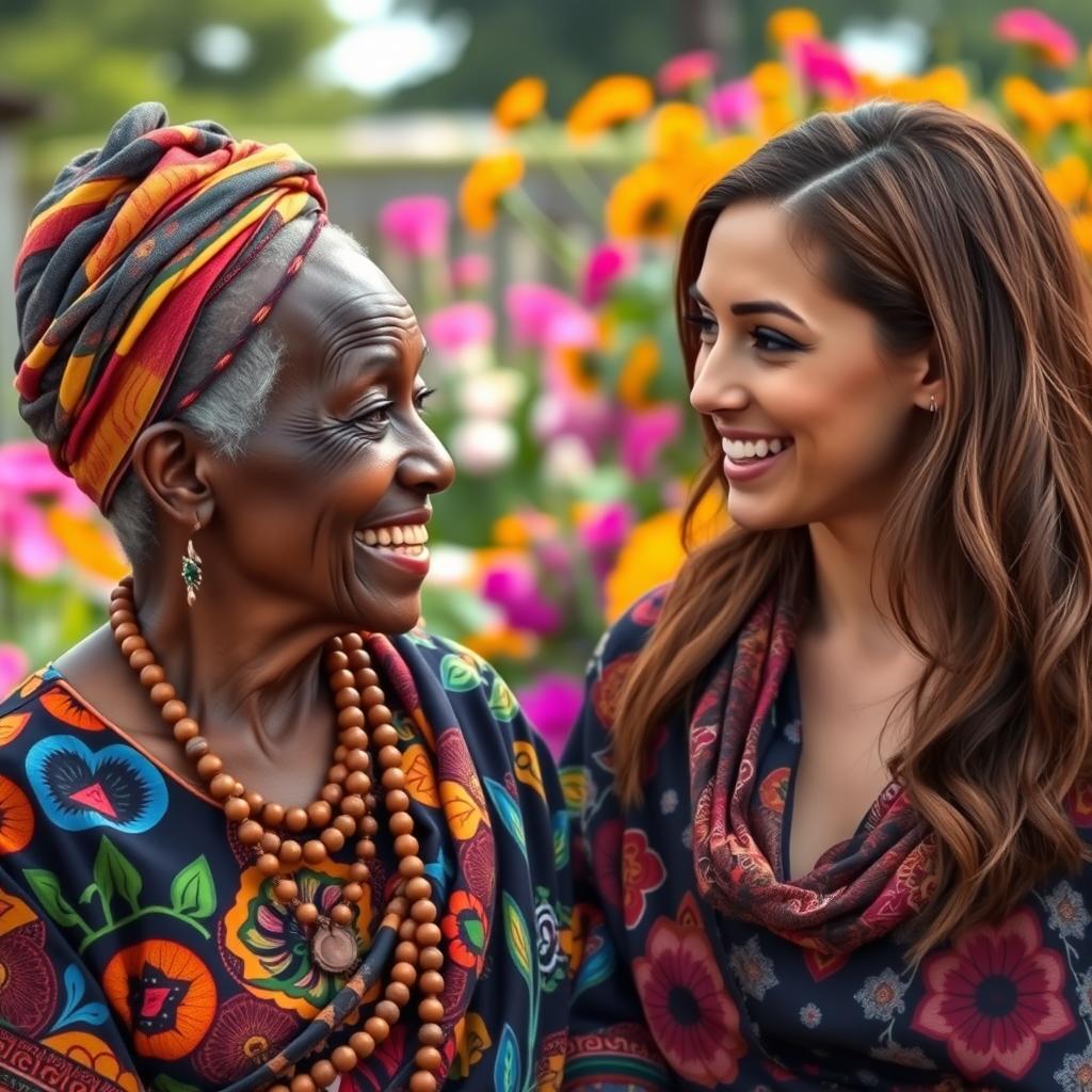 A captivating scene showcasing the contrast between an elderly African woman with distinctive features, dressed in colorful traditional clothing that highlights her rich cultural heritage, and a beautiful young Caucasian woman with striking features and a radiant smile