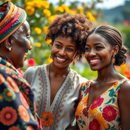 A captivating scene showcasing the contrast between an elderly African woman with distinctive features, dressed in colorful traditional clothing that highlights her rich cultural heritage, and a beautiful young Caucasian woman with striking features and a radiant smile