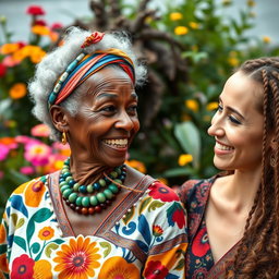 A captivating scene showcasing the contrast between an elderly African woman with distinctive features, dressed in colorful traditional clothing that highlights her rich cultural heritage, and a beautiful young Caucasian woman with striking features and a radiant smile