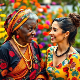 A captivating scene showcasing the contrast between an elderly African woman with distinctive features, dressed in colorful traditional clothing that highlights her rich cultural heritage, and a beautiful young Caucasian woman with striking features and a radiant smile