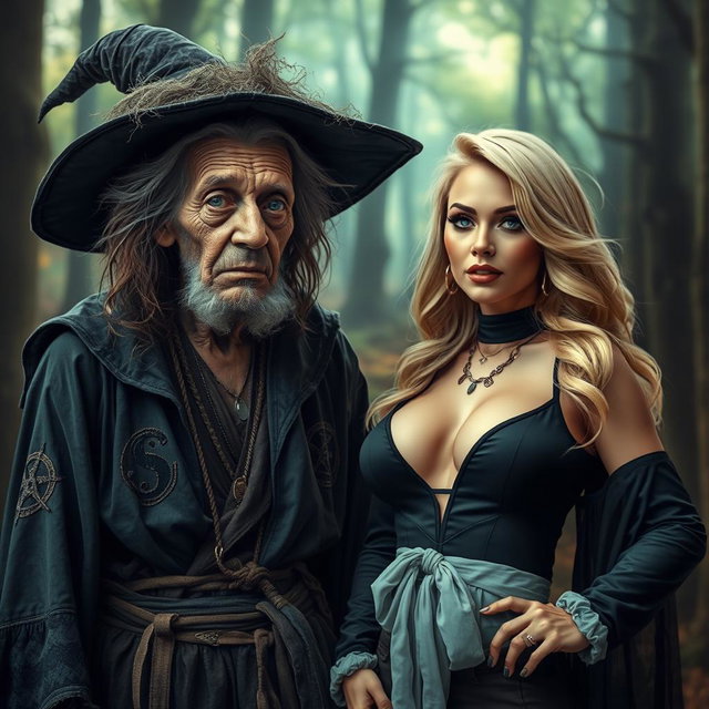 A captivating scene depicting an old, weathered witch with distinctive features, dressed in tattered dark robes adorned with mystical symbols, her hair wild and frizzy, creating an air of authenticity to her character