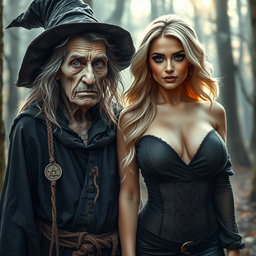 A captivating scene depicting an old, weathered witch with distinctive features, dressed in tattered dark robes adorned with mystical symbols, her hair wild and frizzy, creating an air of authenticity to her character