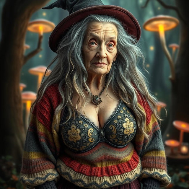 An old and eccentric witch with a unique and unusual appearance, showcasing her long, wild gray hair intertwined with streaks of blonde