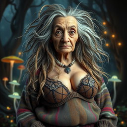 An old and eccentric witch with a unique and unusual appearance, showcasing her long, wild gray hair intertwined with streaks of blonde