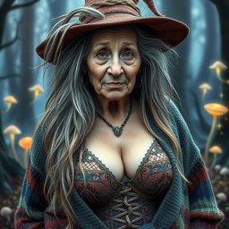 An old and eccentric witch with a unique and unusual appearance, showcasing her long, wild gray hair intertwined with streaks of blonde