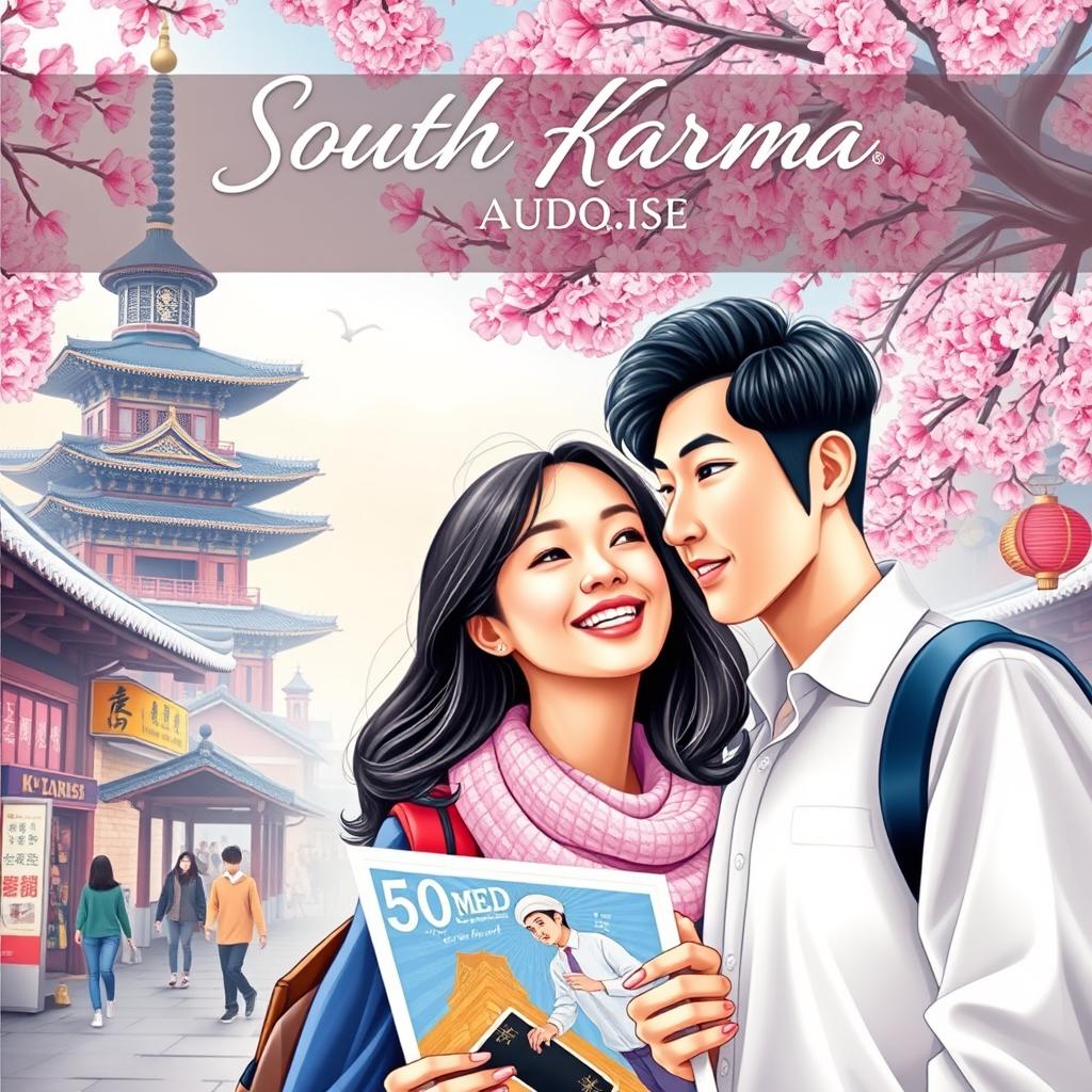 A vibrant and romantic book cover featuring a young woman traveling to South Korea, symbolized by landmarks such as Seoul Tower and traditional hanok houses